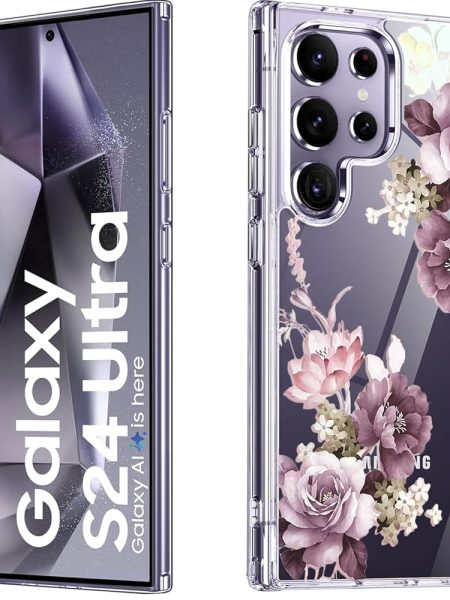 Elzzi Clear Transparent Flower Cover For Samsung S24 Ultra 5g Case Shockproof Case Floral Design Camera Protection Shockproof PC+TPU Transparent Flower Cover For Girls & Women...
