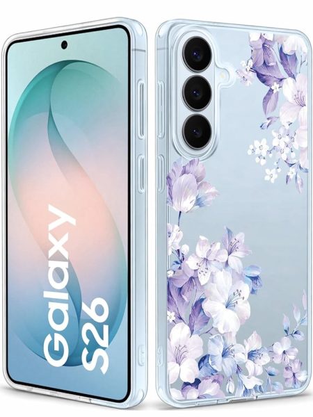 Elzzi Clear Transparent Flower Cover for Samsung S26 5g Case Shockproof Floral Design Camera Protection Shockproof PC+TPU Transparent Flower Cover for Girls & Women (Purple)