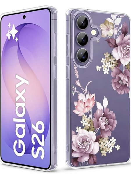 Elzzi Clear Transparent Flower Cover for Samsung S26 5g Case Shockproof Floral Design Camera Protection Shockproof PC+TPU Transparent Flower Cover for Girls & Women (Deep Purple)
