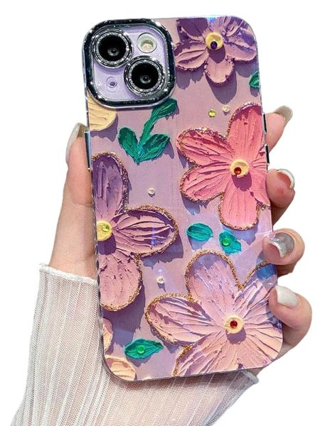 Elzzi Compatible with iPhone 14 Case 3D Laser Flower Oil Painting Cute Colorful Blue Ray Bumper with Full Camera Protection Shockproof PC+TPU Glossy Shiny Cover for Girls Women,...