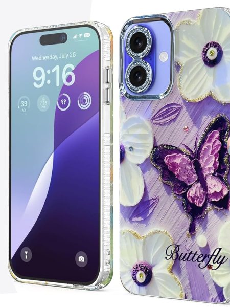 Elzzi Compatible with iPhone 16 Case 3D Laser Flower Oil Painting Cute Colorful Blue Ray Bumper with Full Camera Protection Shockproof PC+TPU Glossy Shiny Cover for Girls Women,...