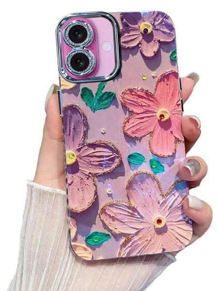 Elzzi Compatible with iPhone 16 Case 3D Laser Flower Oil Painting Cute Colorful Blue Ray Bumper with Full Camera Protection Shockproof PC+TPU Glossy Shiny Cover for Girls Women,...