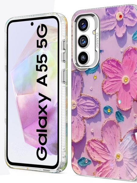 Elzzi Compatible with Samsung A55 5g Case Laser Flower Oil Painting Cute Colorful Blue Ray Bumper with Full Camera Protection Shockproof PC+TPU Glossy Shiny Cover for Girls...