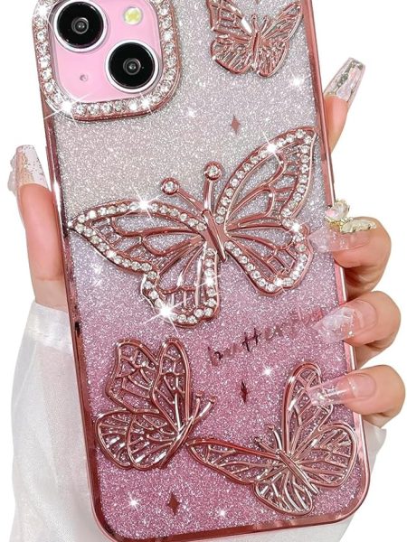 Elzzi Electroplated Butterfly Phone Cover for iPhone 15 Case, Showcasing Pearlescent Diamond Soft TPU, Camera Protection, Shockproof, Dropresistant Stylish for Girls & Women (Pink)