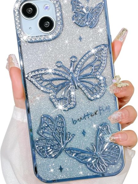 Elzzi Electroplated Butterfly Phone Cover for iPhone 15 Case, Showcasing Pearlescent Diamond Soft TPU, Camera Protection, Shockproof, Dropresistant Stylish for Girls & Women (Blue)