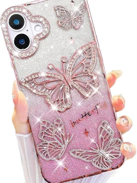 Elzzi Electroplated Butterfly Phone Cover for iPhone 16 Case, Showcasing Pearlescent Diamond Soft TPU, Camera Protection, Shockproof, Dropresistant Stylish for Girls & Women (Pink)
