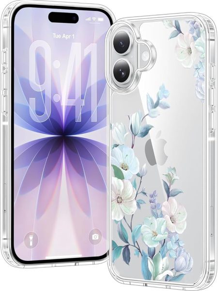 Elzzi Transparent Flower Cover for iPhone 17 Case Shockproof Floral Design Full Camera Protection Shockproof PC+TPU Covers for Girls & Women (Blue)