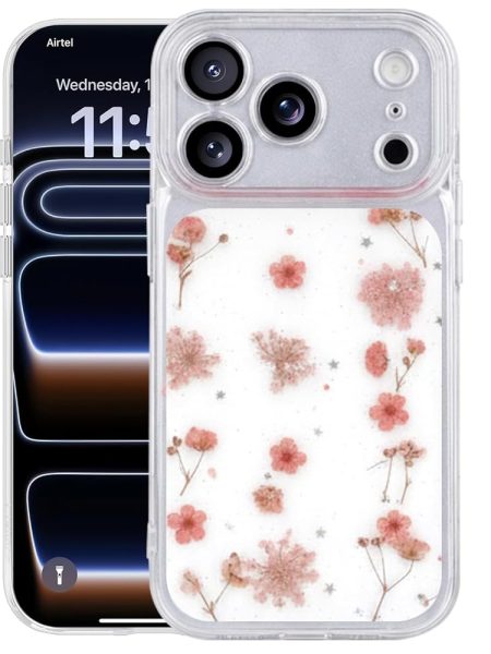 Enflamo Clear Silicone Case Glitter Floral Back Cover for iPhone 17 Pro Max | with Pressed Dry Real Flowers (Pink)
