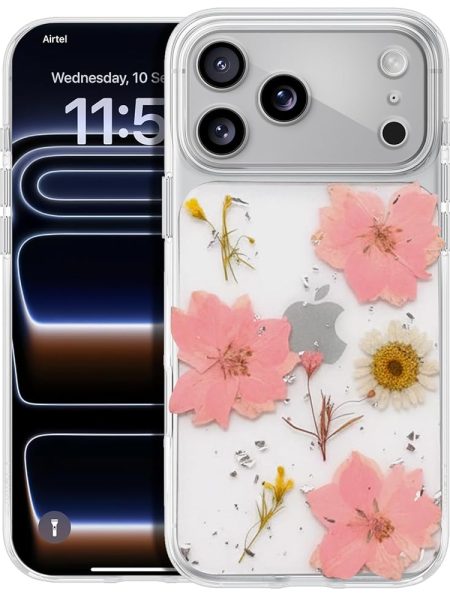 Enflamo Clear Silicone Case Glitter Floral Back Cover for iPhone 17 Pro Max | with Pressed Dry Real Flowers (Rose Pink)