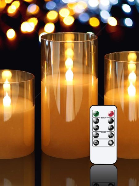 Glass Battery Operated Flameless Led Candles With Remote (Set of 3, Gold)