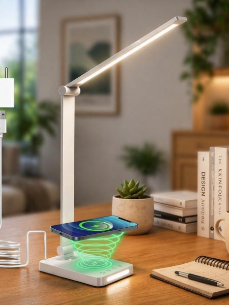 LED Aluminum Desk Lamp with QI Wireless Charging - White