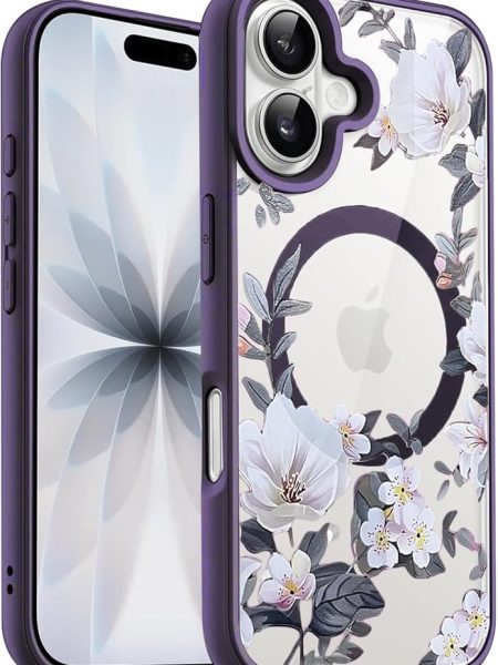 VONZEE Back Cover Case Compatible with iPhone 17, Luxury Retro Flowers Floral Clear for Magnetic Wireless Charging Case Shockproof PC+TPU Cute Glossy Shiny Cover for Girls...