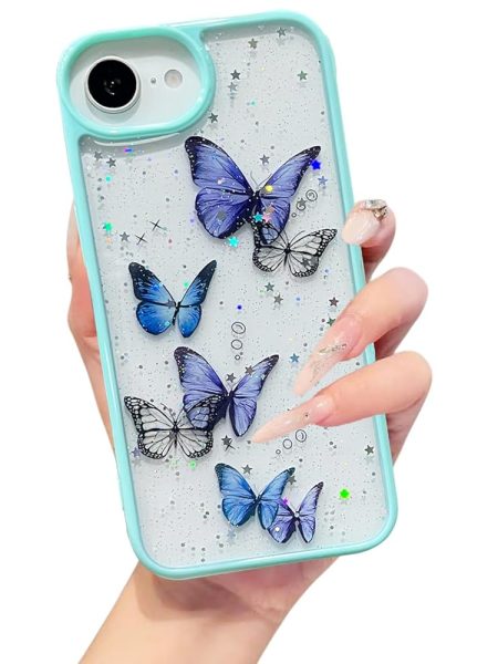 VONZEE Clear Glitter Butterfly Case for iPhone 16e/17e Cover | Cute Bling Sparkle Transparent Soft TPU Bumper | Shockproof Slim Protective Back Cover for Girls & Women (Mint Green)