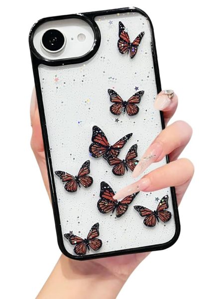 VONZEE Clear Glitter Butterfly Case for iPhone 16e / 17e | Cute Bling Sparkle Transparent Soft TPU Bumper | Shockproof Slim Protective Back Cover for Girls & Women (Black)