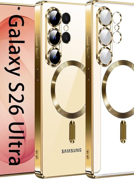 VONZEE Clear Logo Electroplating Transparent Case for Samsung Galaxy S26 Ultra 5G, Magnetic Plating [Support for MagSafe Charger] Electroplate TPU Cover- Gold