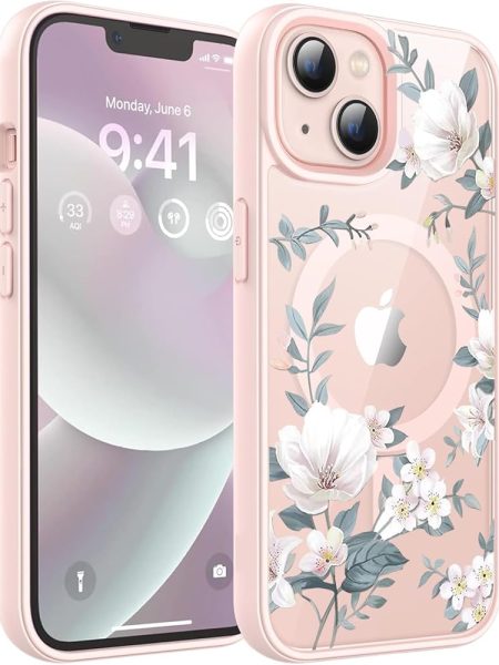 VONZEE Compatible with iPhone 13 Case Luxury Retro Flowers Floral Clear for Magnetic Wireless Charging Case Shockproof Case PC+TPU Cute Glossy Shiny Cover for Girls Women, 6.1''...