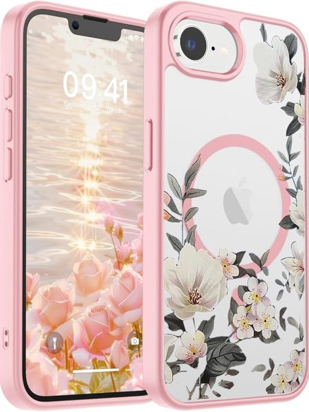 VONZEE Compatible with iPhone 17e/iPhone 16e/SE4 Case, Luxury Retro Flowers Floral Clear Magnetic Wireless Charging PC+TPU Cute Glossy Shiny Cover for Girls Women, Pink