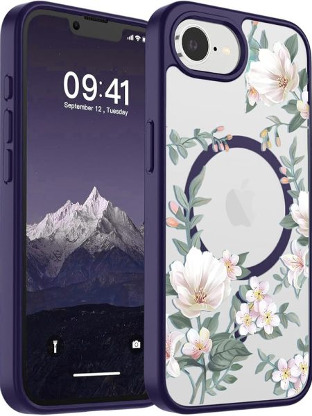VONZEE® Compatible with iPhone 17e/ iPhone 16e/SE4, Luxury Retro Flowers Floral Clear for Magnetic Wireless Charging Case Shockproof PC+TPU Cute Glossy Shiny Cover for Girls...