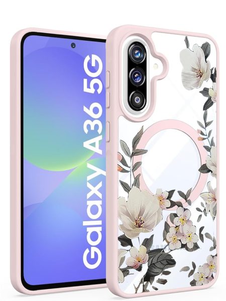 VONZEE Compatible with Samsung Galaxy A36 5G Case Luxury Retro Flowers Floral Clear for Magnetic Wireless Charging Case Shockproof Case PC+TPU Cute Glossy Shiny Cover for Girls...