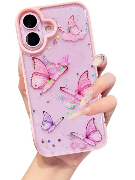 VONZEE Glitter Butterfly Back Cover Case Compatible with iPhone 17, Clear Cute Bling Sparkle Shiny Soft TPU Bumper Shockproof Women Girls Slim Protective Phone Cover for iPhone...