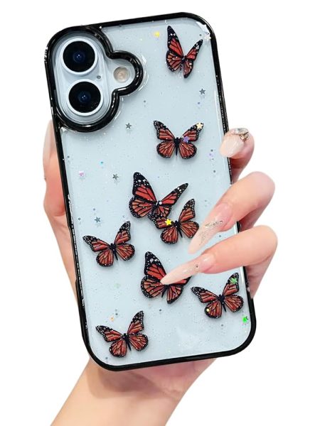 VONZEE Glitter Butterfly Back Cover Case Compatible with iPhone 17, Clear Cute Bling Sparkle Shiny Soft TPU Bumper Shockproof Women Girls Slim Protective Phone Cover for iPhone...