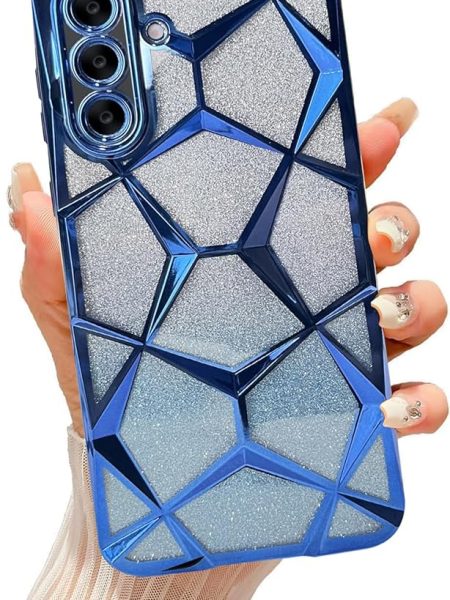 VONZEE Gradient Glitter Case for Samsung A36, Luxury Electroplated 3D Cube, Diamond Bling Shiny Soft TPU Clear Shockproof Women Girls Protective Phone Cover (Blue)