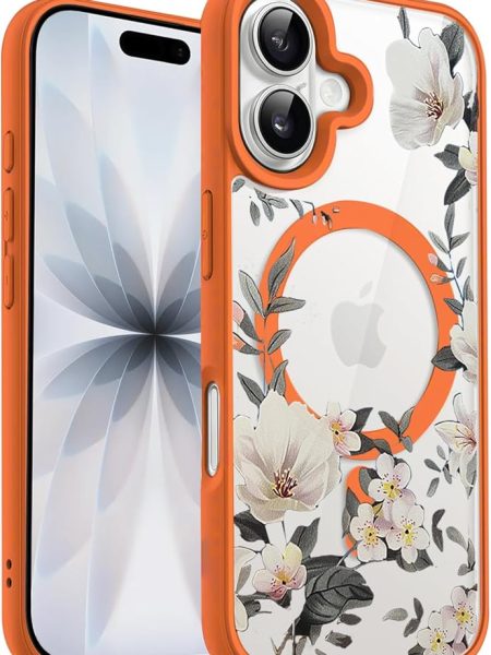 VONZEE Retro Floral Clear Case for iPhone 17 (6.3") | Magnetic Wireless Charging Compatible | Luxury PC+TPU Shockproof Glossy Shiny Back Cover for Girls & Women (Cosmic)